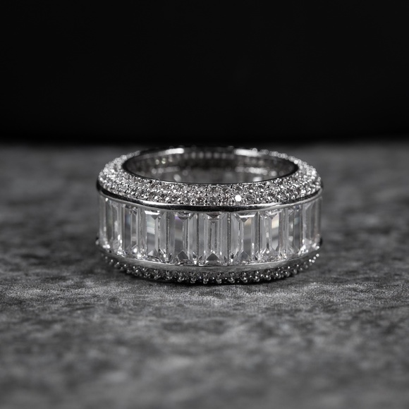 Men's ​White Gold Plated Fully Iced  Cz Hip Hop Baguette Pinky Statement Ring - Picture 4 of 4
